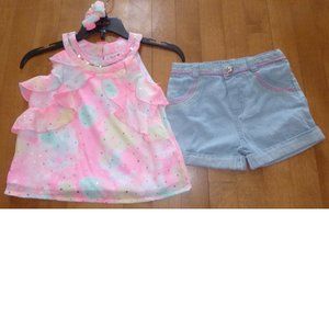 Girls Little Lass 3 Pc Flutter Tank Top & Shorts Scrunchie Set  Size 4 5 6 NWT